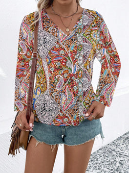 Printed V-neck Long Sleeve Shirt Women's Clothing