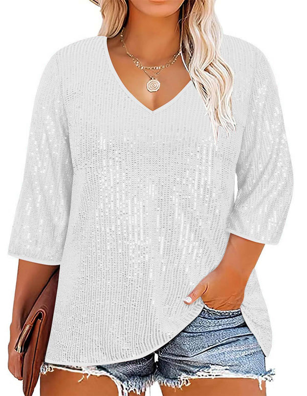 European And American Autumn And Winter Loose Top Retro Sequin Casual V-neck Sequined T-shirt For Women European And American Autumn And Winter Loose Top Retro Sequin Casual V-neck Sequined T-shirt For Women