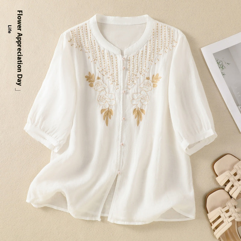 Artistic Retro Embroidery Five-quarter Sleeve Stand Collar Shirt For Women