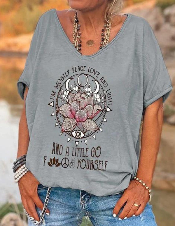 Loose V-neck Short Sleeve Digital Printed T-shirt