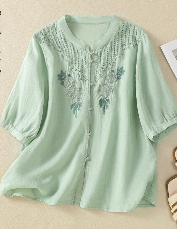 Artistic Retro Embroidery Five-quarter Sleeve Stand Collar Shirt For Women