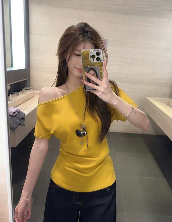 Women's Short-sleeved T-shirt Off-the-shoulder Fitted Waist Top
