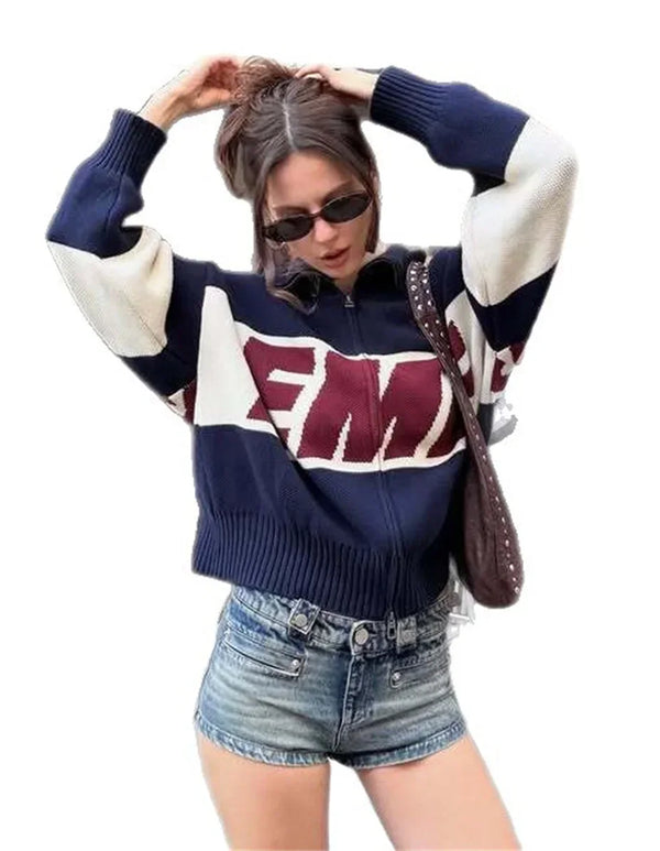 Y2K Women's Knitted Zipper Cardigan with Butterfly Collar