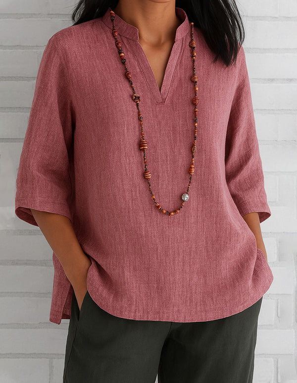 Summer Women's Clothing V-neck 34 Sleeves Cotton And Linen Loose Casual Shirt
