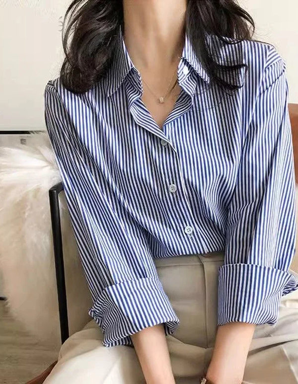 Striped Casual Blouse for Women - Long Sleeve Polyester