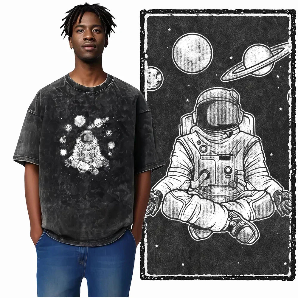 Printed Cotton Acid Washed Astronaut T-Shirt for Men