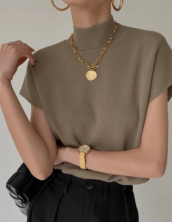 Mock Neck Solid Knit Vest for Office Ladies