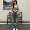 High Waist American Retro Hole-punched Jeans for Women