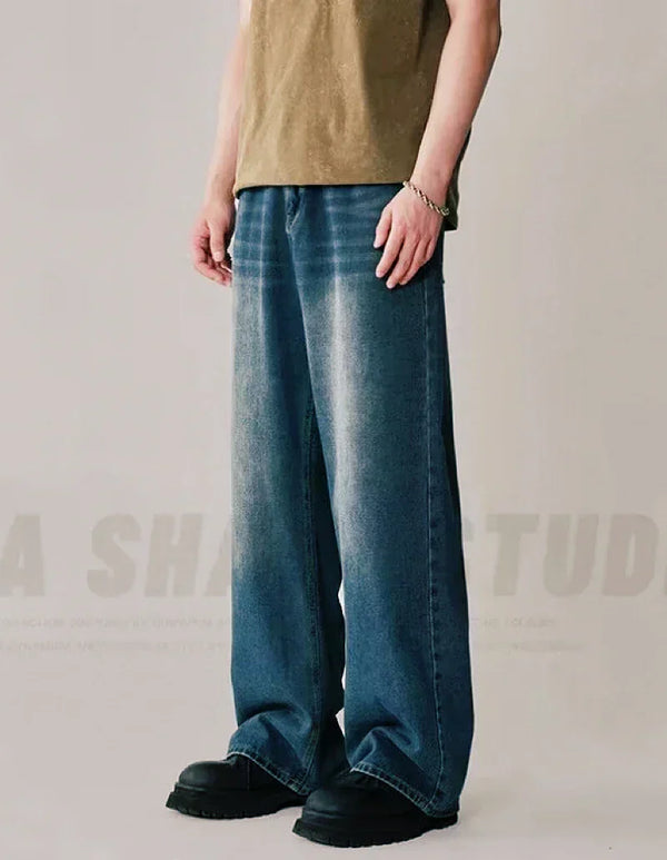 Men's Loose Denim Casual Jeans in Distressed Blue