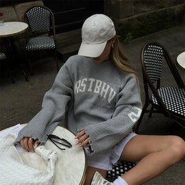 Oversized Letter Jacquard Knit Pullover for Women