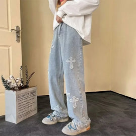 Y2K Embroidered Straight Denim Jeans for Men