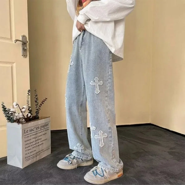 Y2K Embroidered Straight Denim Jeans for Men