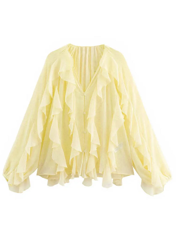 Elegant Women's V-neck Chiffon Blouse with Ruffles