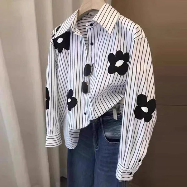 White Striped Long Sleeve Blouse for Office Women