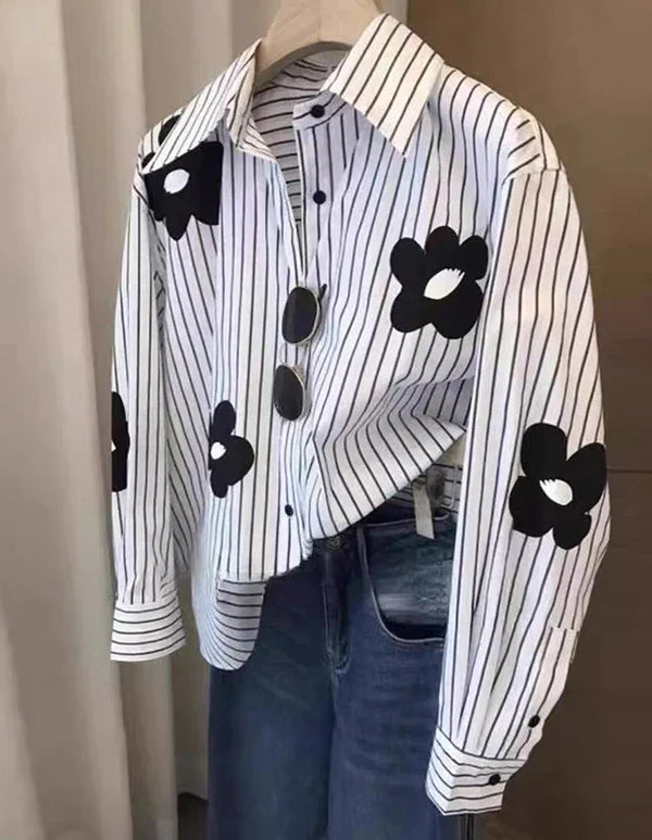White Striped Long Sleeve Blouse for Office Women