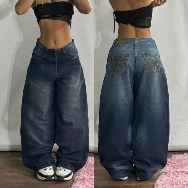 Geometric Pattern Embroidered Wide-leg Jeans for Women