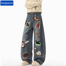 Y2K Streetwear Baggy Denim Jeans for Men in Blue