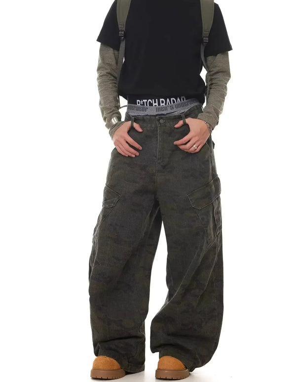 Camouflage Denim Baggy Wide-leg Pants for Men