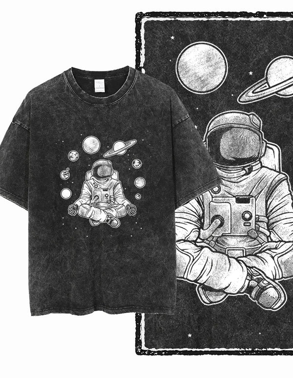 Printed Cotton Acid Washed Astronaut T-Shirt for Men