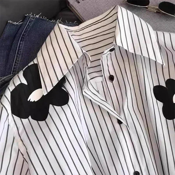 White Striped Long Sleeve Blouse for Office Women