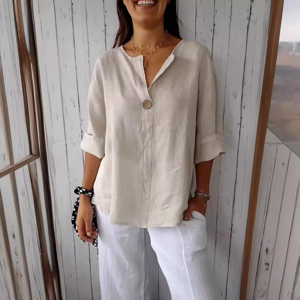 VEITCHE Women's V-Neck Cotton Linen Casual Blouse