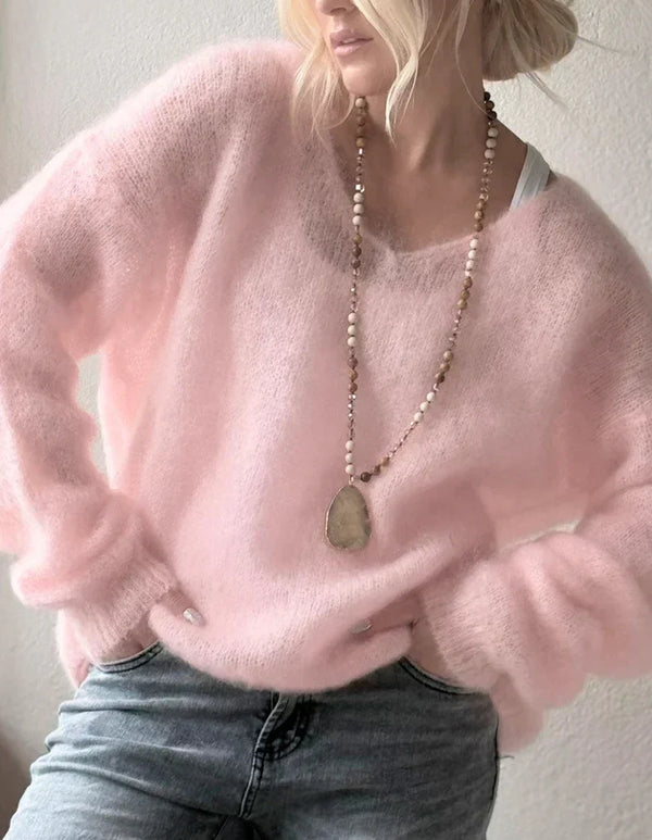 Light Pink Women's V Neck Pullover Sweater for Fall