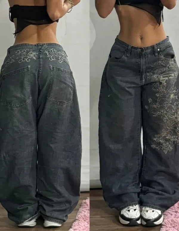 Geometric Pattern Embroidered Wide-leg Jeans for Women