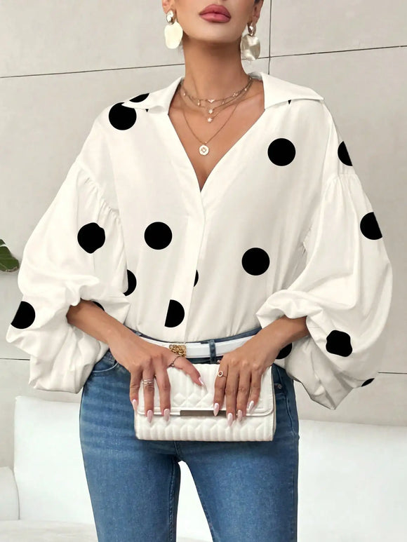 Polka Dot V-Neck Blouse with Lantern Sleeves for Women