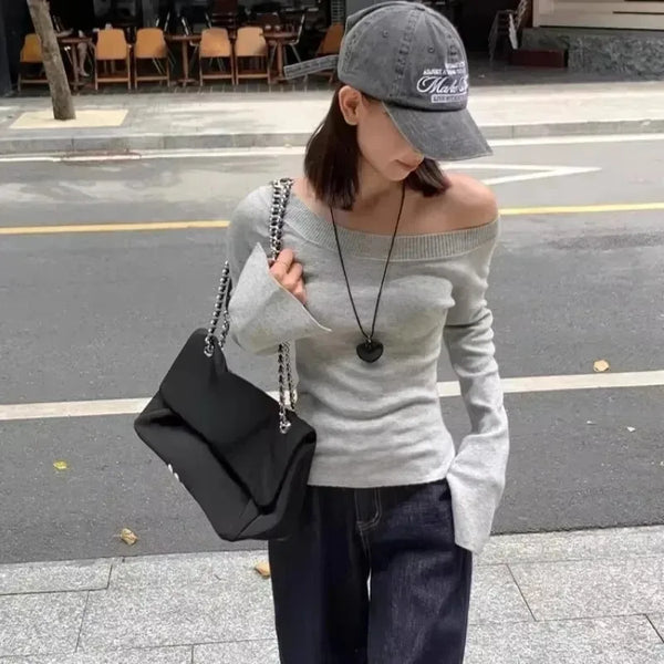 Cropped Off Shoulder Knitted Pullover for Women