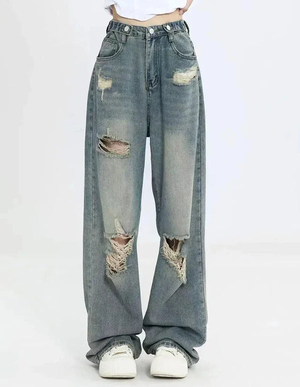 High Waist American Retro Hole-punched Jeans for Women