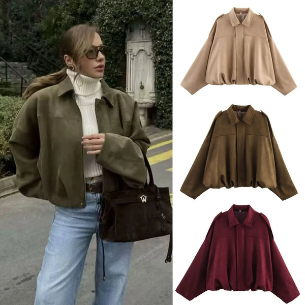 Women's Zippered Bat Sleeve Casual Jacket in Polyester
