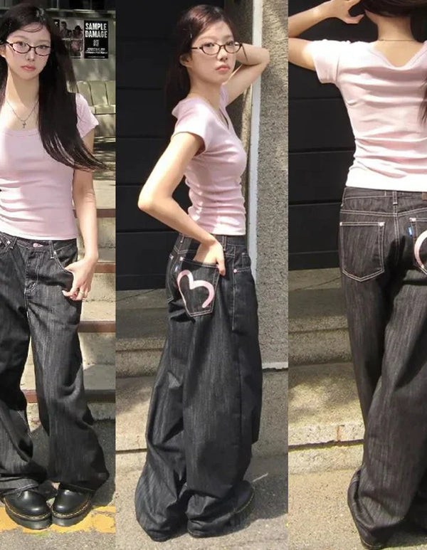 Y2K Wide Fit Women's Baggy Denim Jeans in Light Plaid
