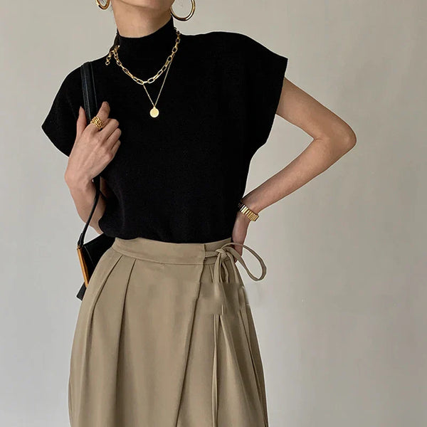 Mock Neck Solid Knit Vest for Office Ladies
