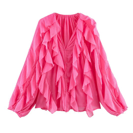 Elegant Women's V-neck Chiffon Blouse with Ruffles