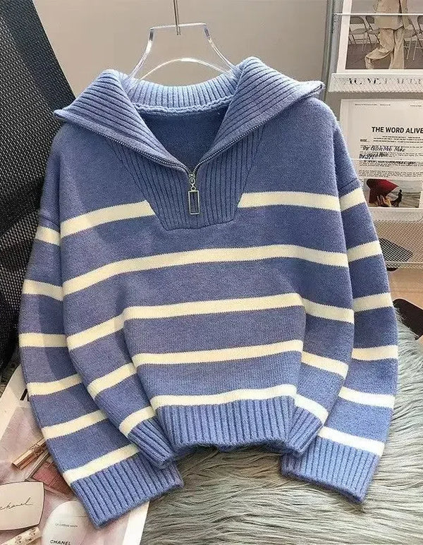 Women’s Zipper Striped Pullover Sweater - MEKG