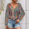 Printed V-neck Long Sleeve Shirt Women's Clothing
